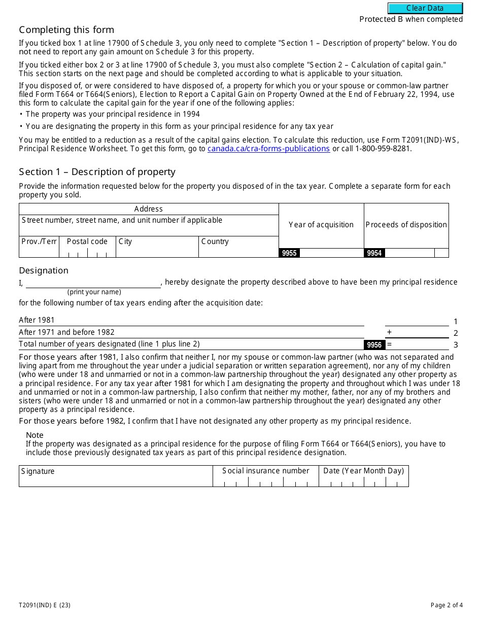 Form T2091(IND) Designation of a Property as a Principal Residence by an Individual (Other Than a Personal Trust) - Canada, Page 2