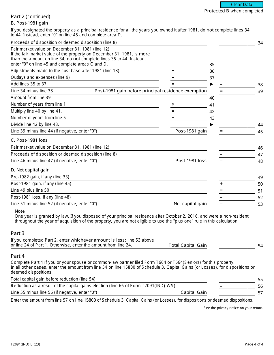 Form T2091(IND) Designation of a Property as a Principal Residence by an Individual (Other Than a Personal Trust) - Canada, Page 4