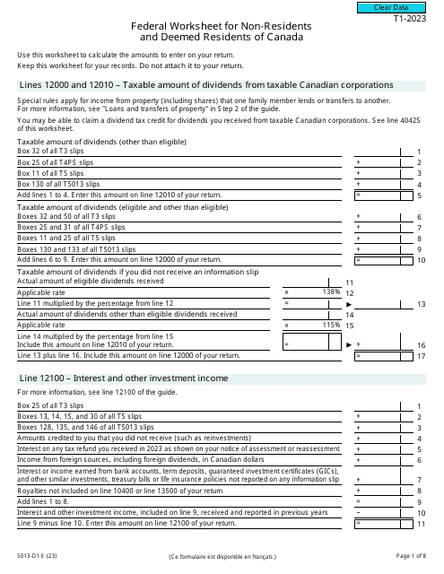 Form 5013-D1 Federal Worksheet for Non-residents and Deemed Residents of Canada - Canada, 2023
