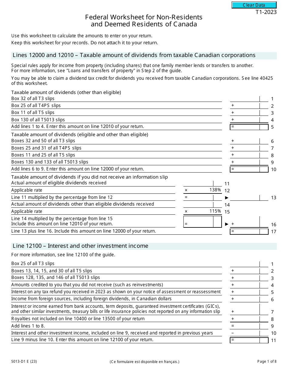 Form 5013-D1 Federal Worksheet for Non-residents and Deemed Residents of Canada - Canada, Page 1