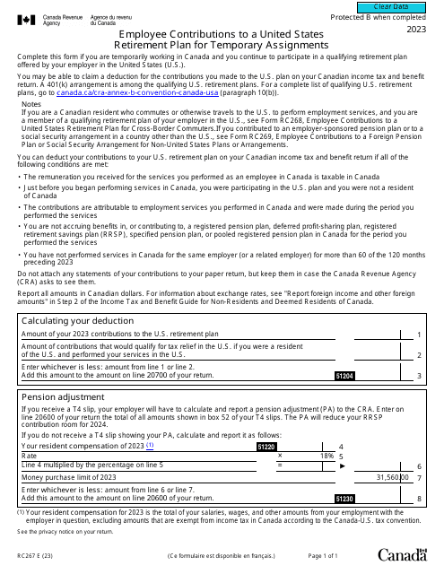Form RC267 Employee Contributions to a United States Retirement Plan for Temporary Assignments - Canada, 2023