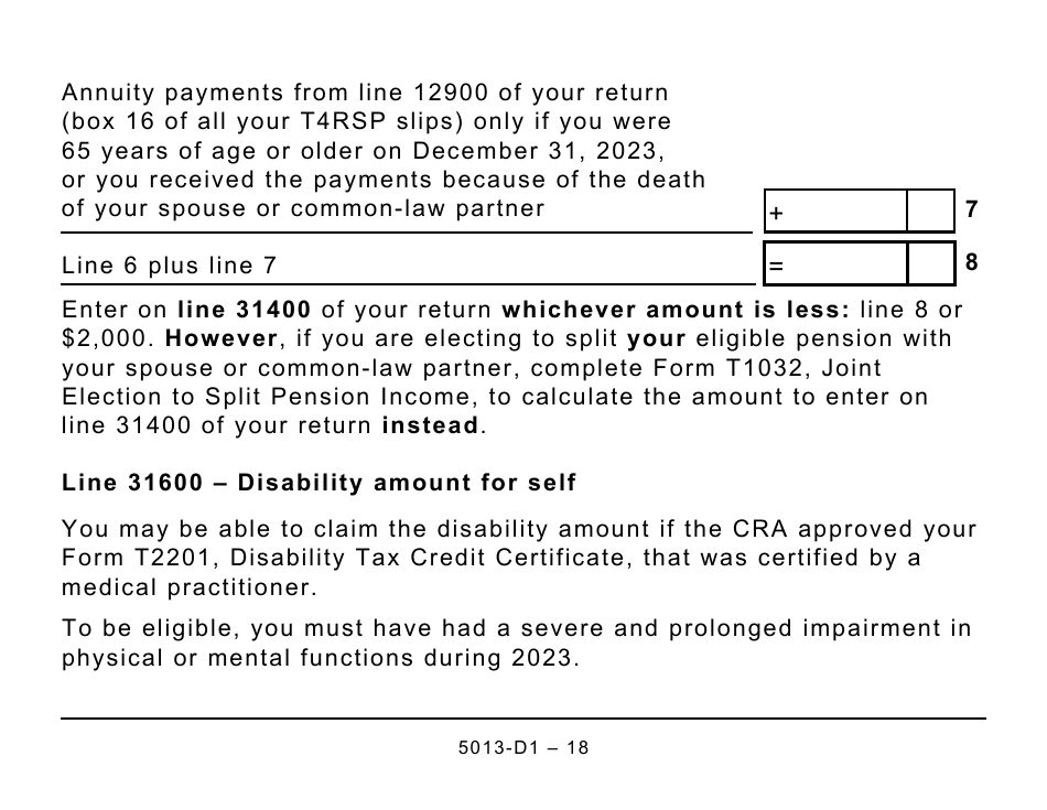 Form 5013-D1 Federal Worksheet for Non-residents and Deemed Residents of Canada - Large Print - Canada, Page 18