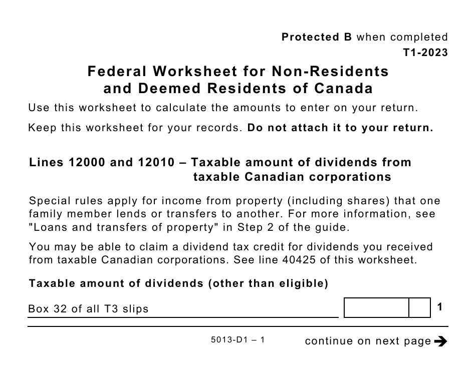 Form 5013-D1 Federal Worksheet for Non-residents and Deemed Residents of Canada - Large Print - Canada, Page 1