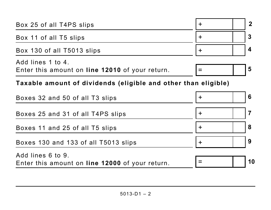 Form 5013-D1 Federal Worksheet for Non-residents and Deemed Residents of Canada - Large Print - Canada, Page 2