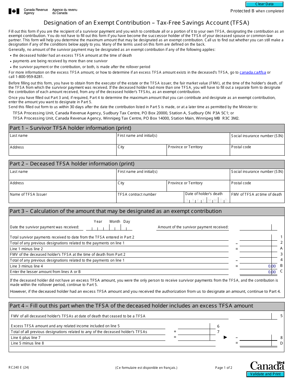 Form RC240 Designation of an Exempt Contribution - Tax-Free Savings Account (Tfsa) - Canada, Page 1
