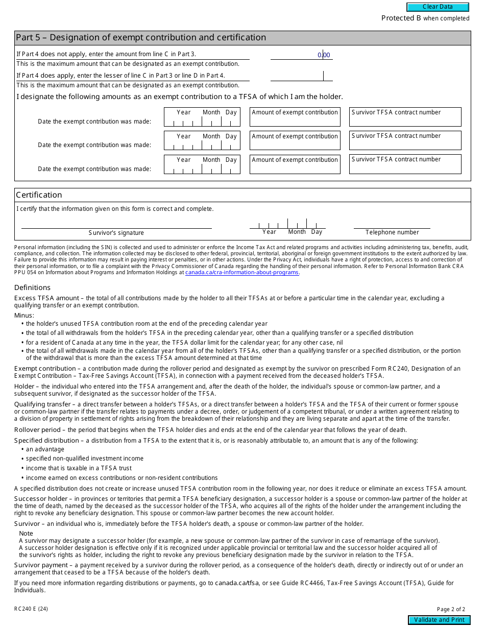 Form RC240 Designation of an Exempt Contribution - Tax-Free Savings Account (Tfsa) - Canada, Page 2