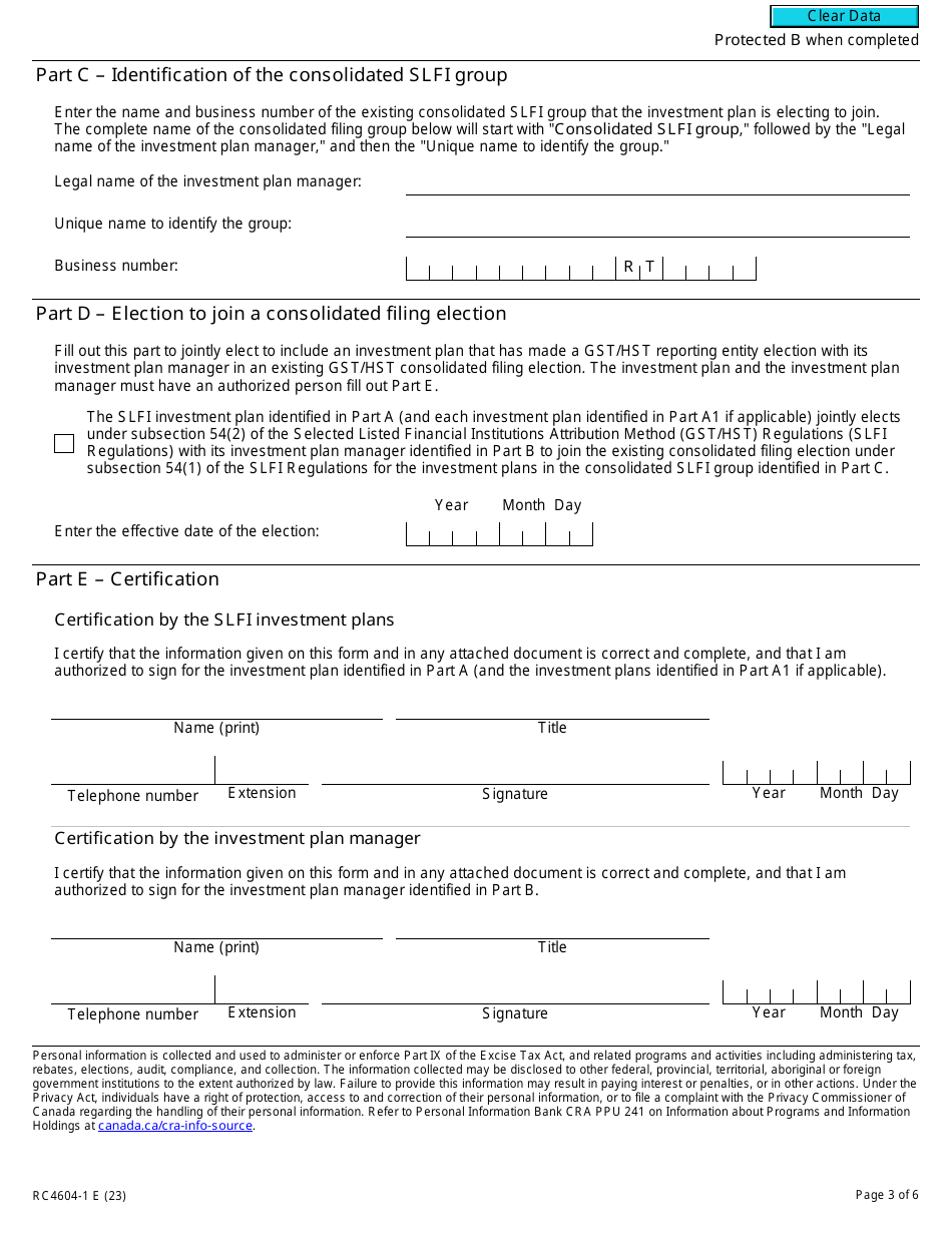 Form RC4604-1 Election for a Selected Listed Financial Institution to Join a Gst / Hst Consolidated Filing Election - Canada, Page 3