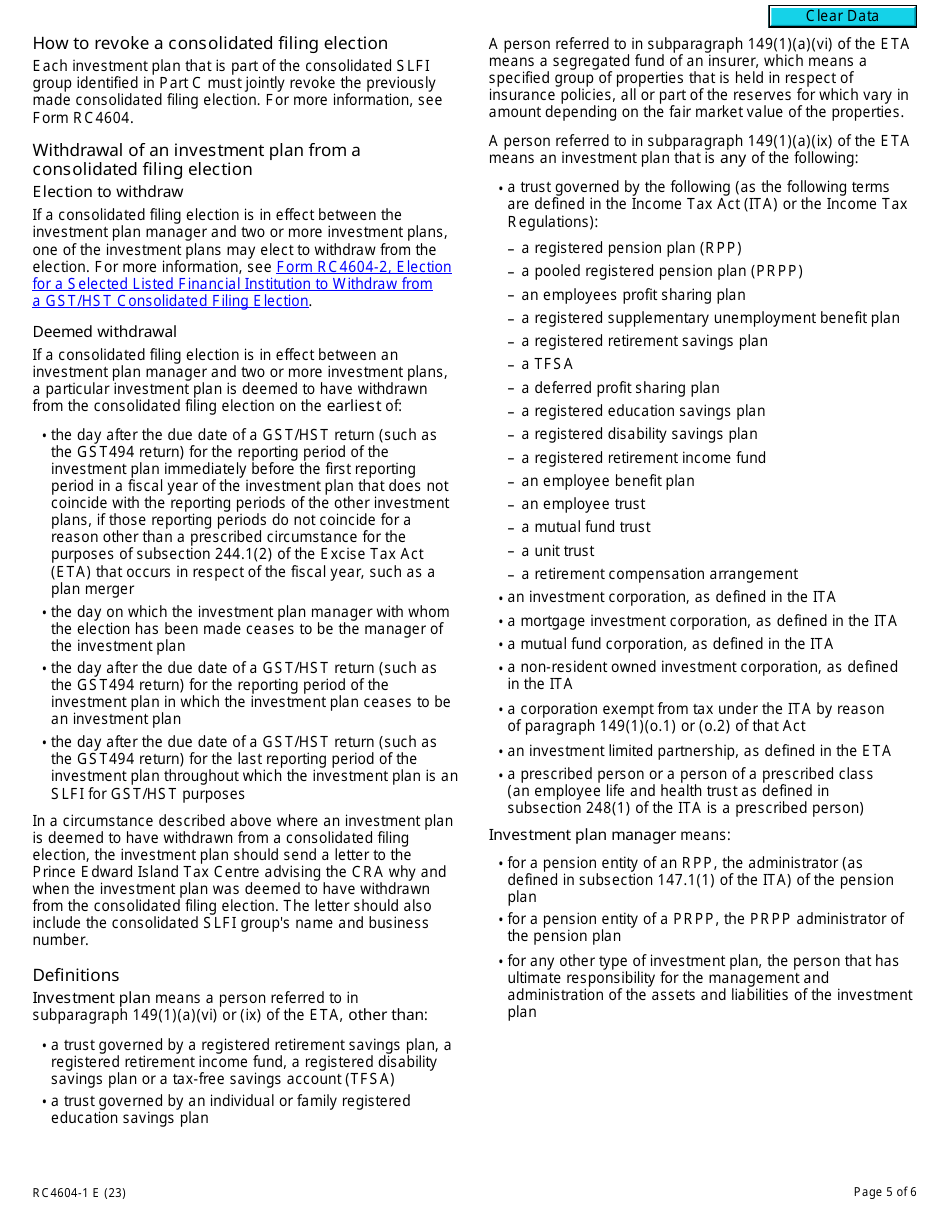 Form RC4604-1 Election for a Selected Listed Financial Institution to Join a Gst / Hst Consolidated Filing Election - Canada, Page 5