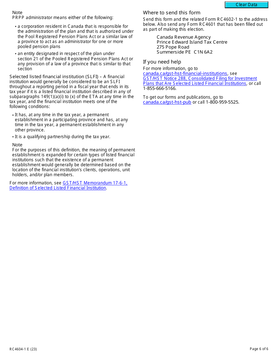 Form RC4604-1 Election for a Selected Listed Financial Institution to Join a Gst / Hst Consolidated Filing Election - Canada, Page 6