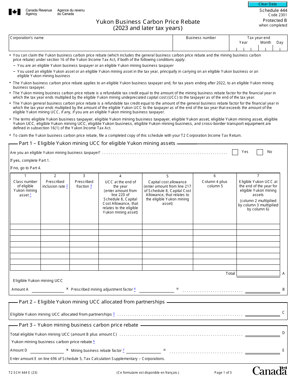Form T2 Schedule 444 Yukon Business Carbon Price Rebate (2023 and Later Tax Years) - Canada, Page 1