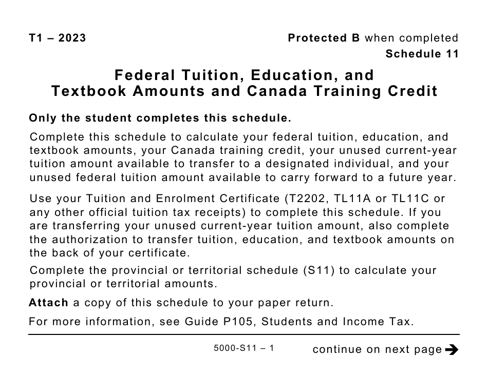 Form 5000-S11 Schedule 11 Federal Tuition, Education, and Textbook Amounts and Canada Training Credit - Large Print - Canada, Page 1