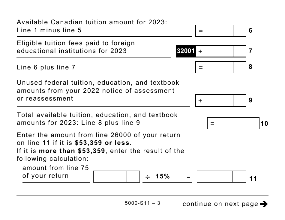 Form 5000-S11 Schedule 11 Federal Tuition, Education, and Textbook Amounts and Canada Training Credit - Large Print - Canada, Page 3