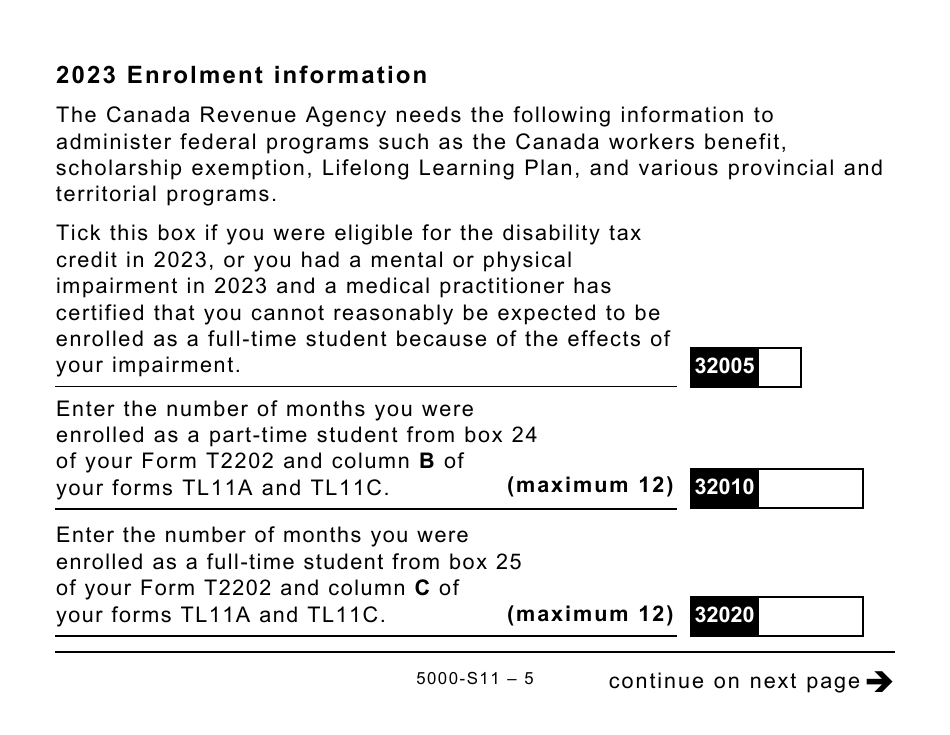Form 5000-S11 Schedule 11 Federal Tuition, Education, and Textbook Amounts and Canada Training Credit - Large Print - Canada, Page 5