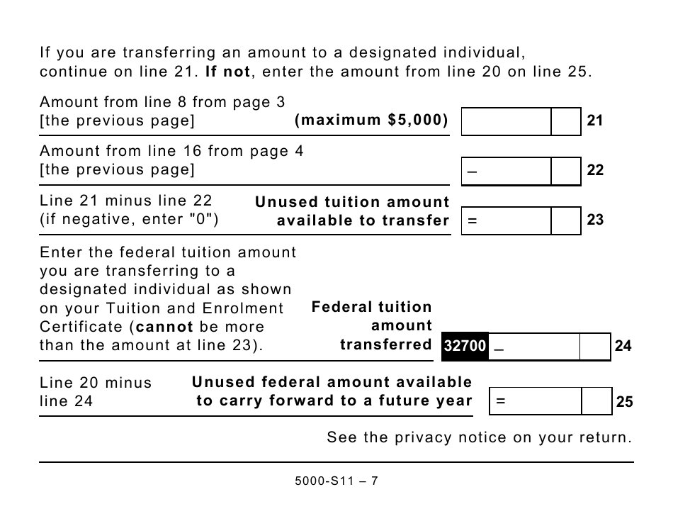 Form 5000-S11 Schedule 11 Federal Tuition, Education, and Textbook Amounts and Canada Training Credit - Large Print - Canada, Page 7