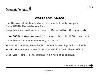 Document preview: Form 5008-D Worksheet SK428 Saskatchewan - Large Print - Canada, 2023