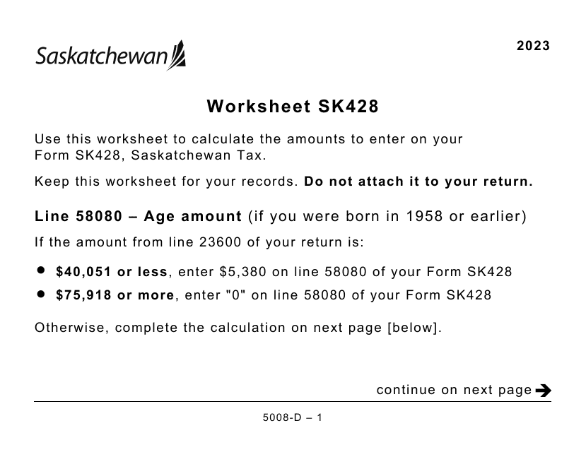 Form 5008-D Worksheet SK428 2023 Printable Pdf