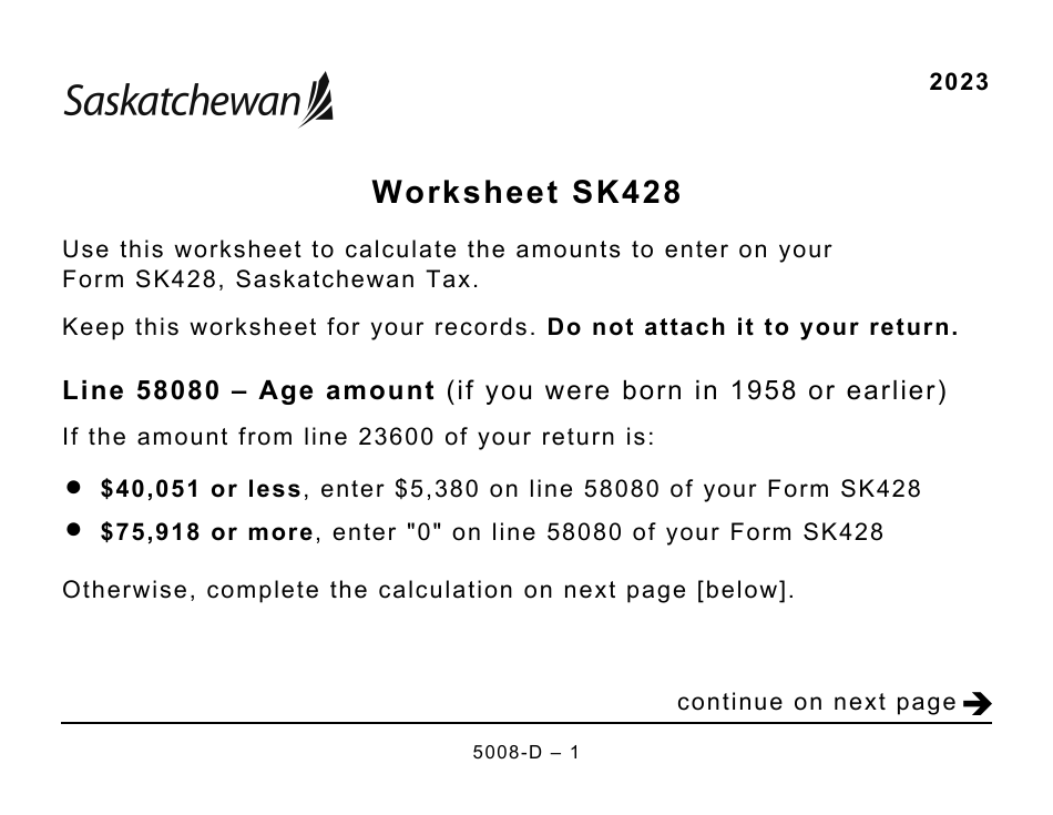 Form 5008-D Worksheet SK428 Saskatchewan - Large Print - Canada, Page 1