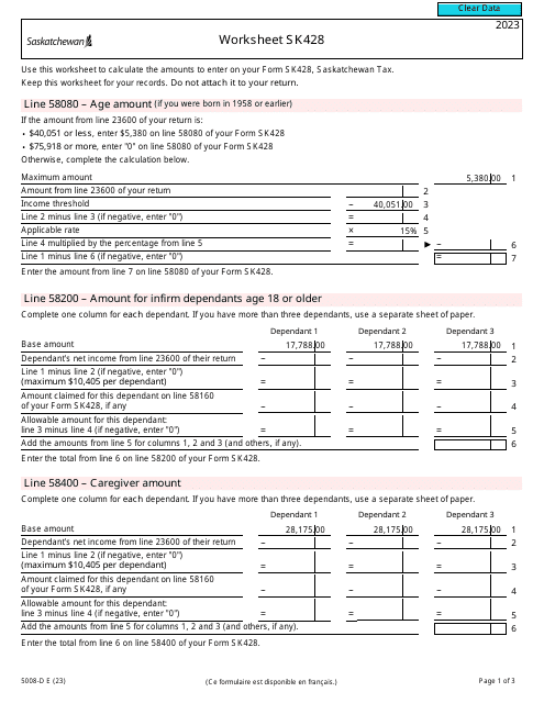 Form 5008-D Worksheet SK428 Saskatchewan - Canada, 2023