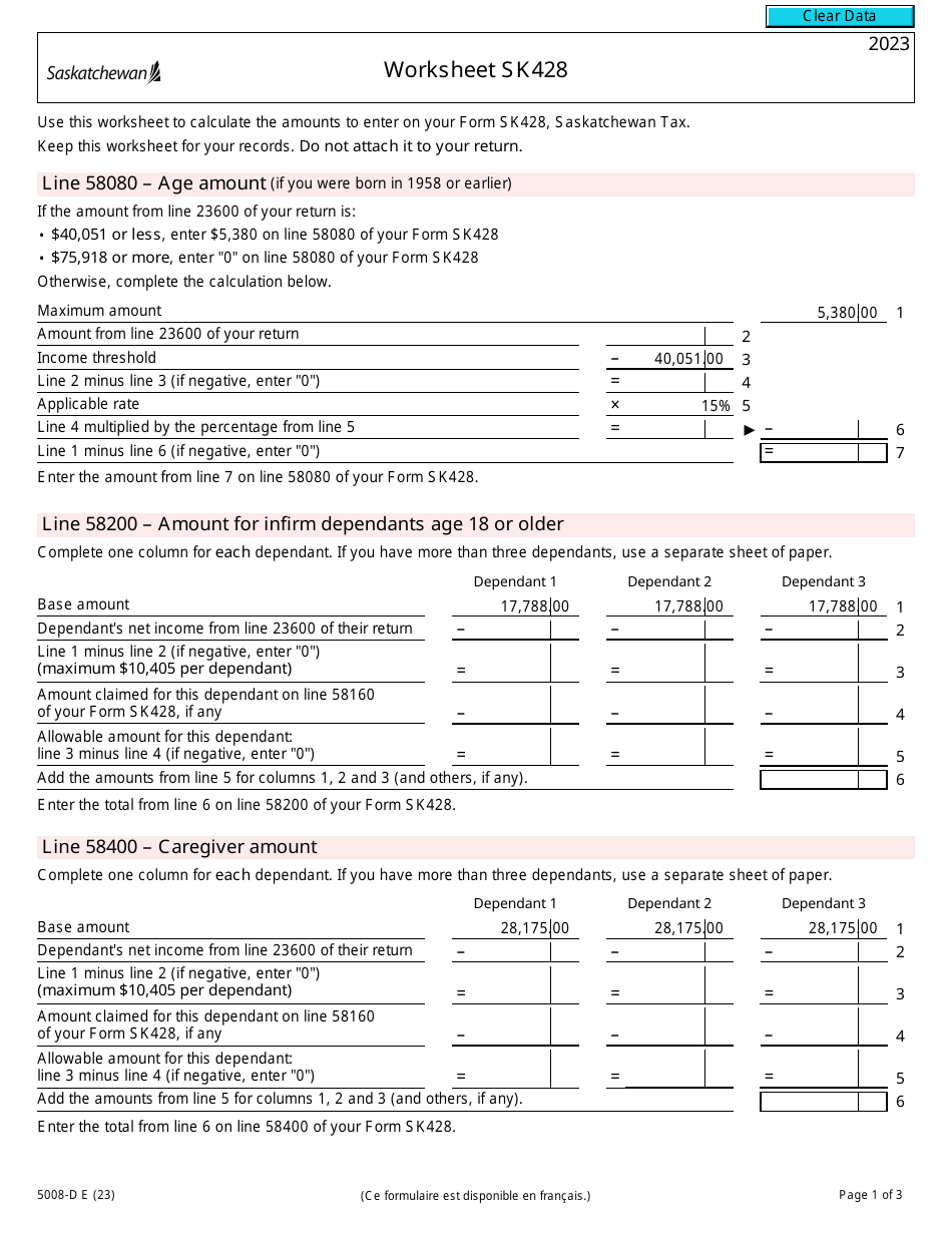 Form 5008-D Worksheet SK428 Saskatchewan - Canada, Page 1