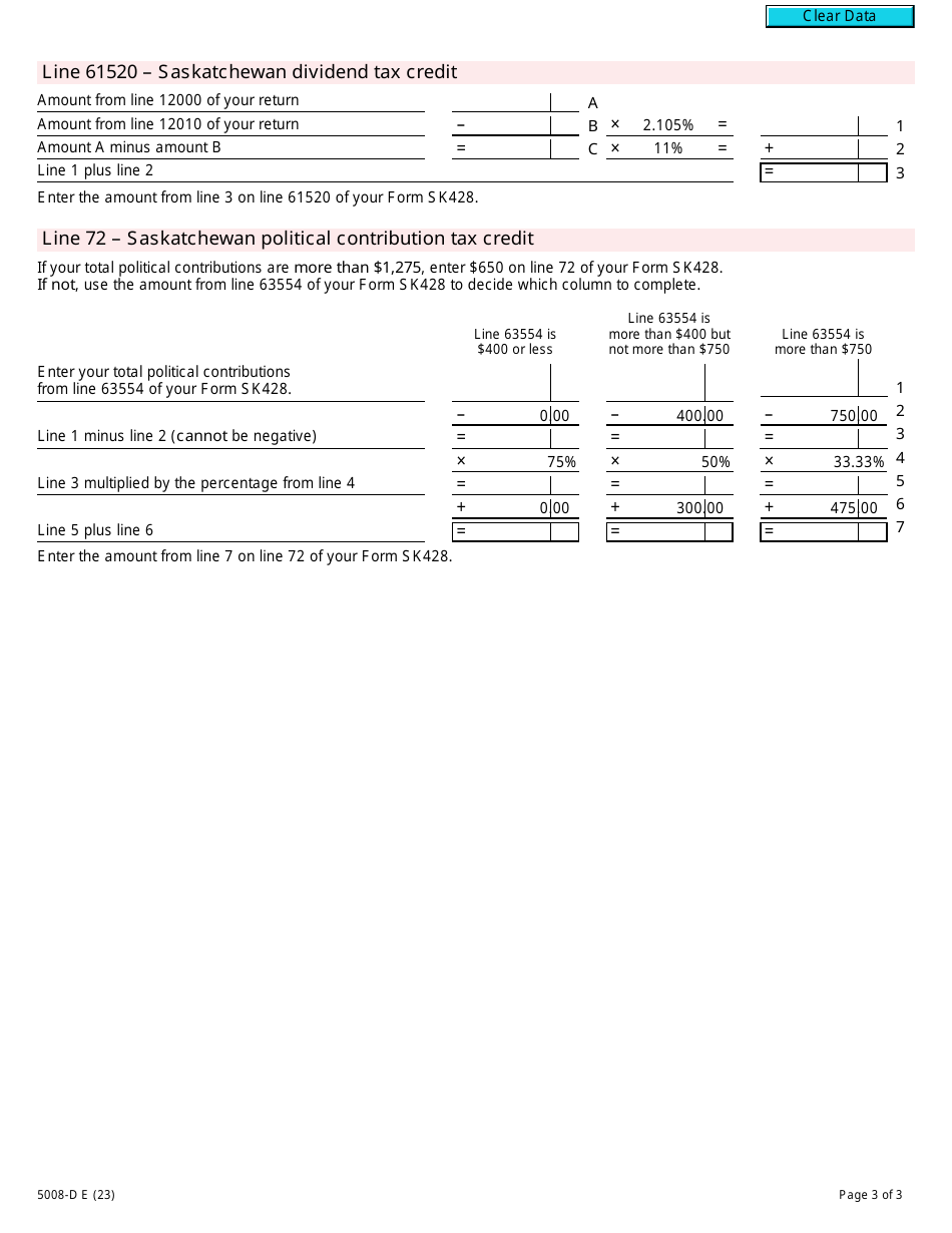 Form 5008-D Worksheet SK428 Saskatchewan - Canada, Page 3