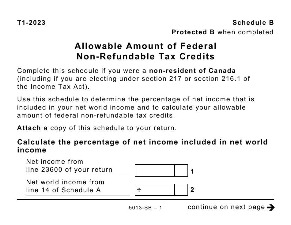 Form 5013-SB Schedule B Allowable Amount of Federal Non-refundable Tax Credits - Large Print - Canada, Page 1