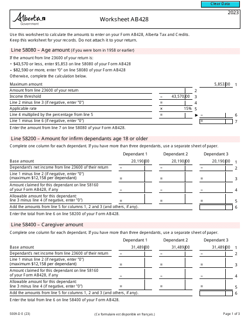 Form 5009-D Worksheet AB428 Alberta - Canada, 2023