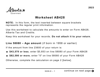 Document preview: Form 5009-D Worksheet AB428 Alberta - Large Print - Canada, 2023