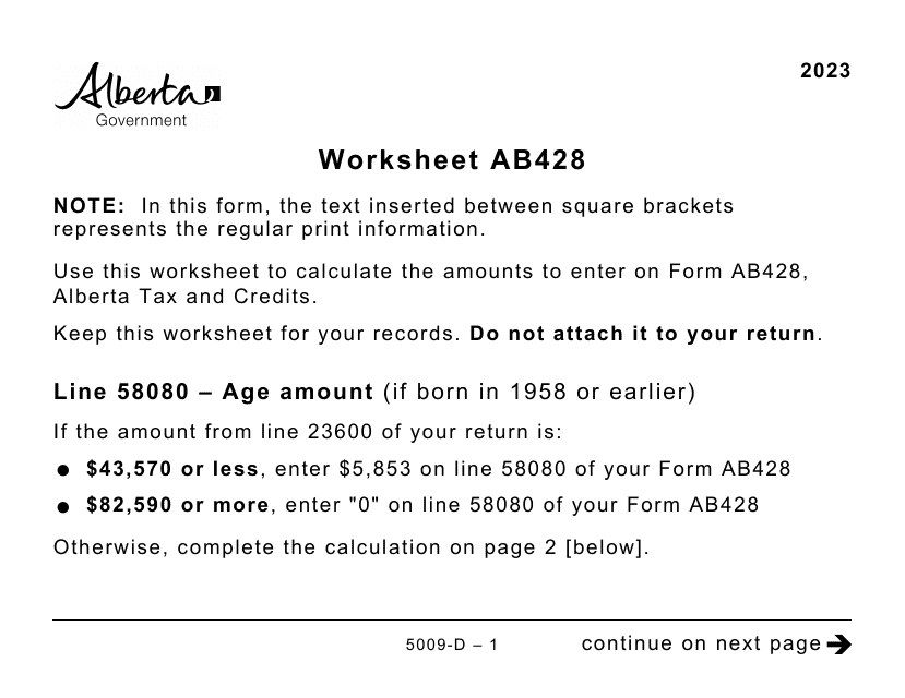 Form 5009-D Worksheet AB428 2023 Printable Pdf