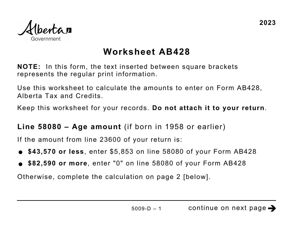 Form 5009-D Worksheet AB428 Alberta - Large Print - Canada, Page 1