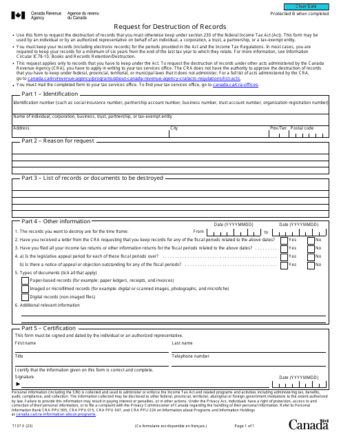 Form T137 Request for Destruction of Records - Canada