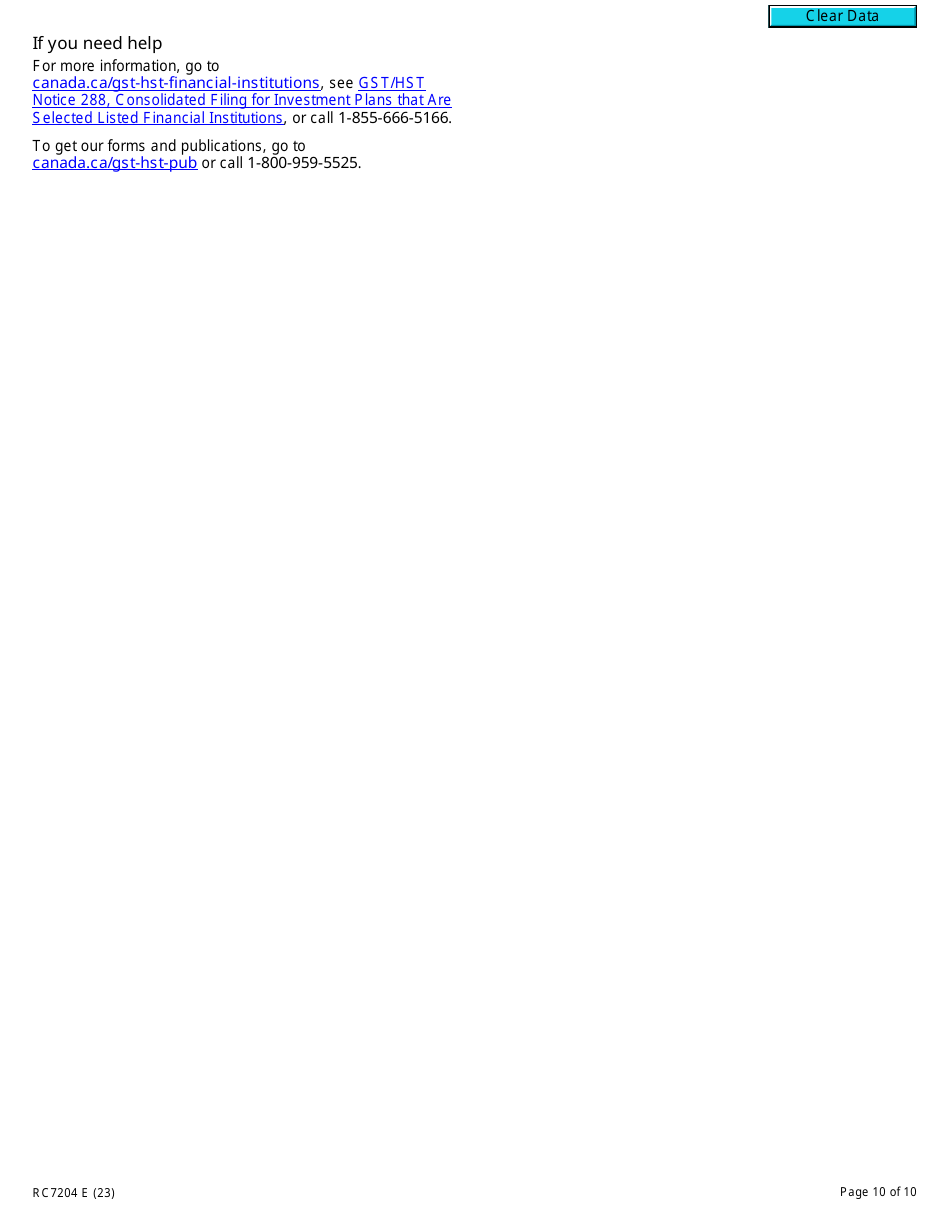Form RC7204 Consolidated Filing Election or Notice of Revocation for a Selected Listed Financial Institution for Gst / Hst and Qst Purposes or Only for Qst Purposes - Canada, Page 10