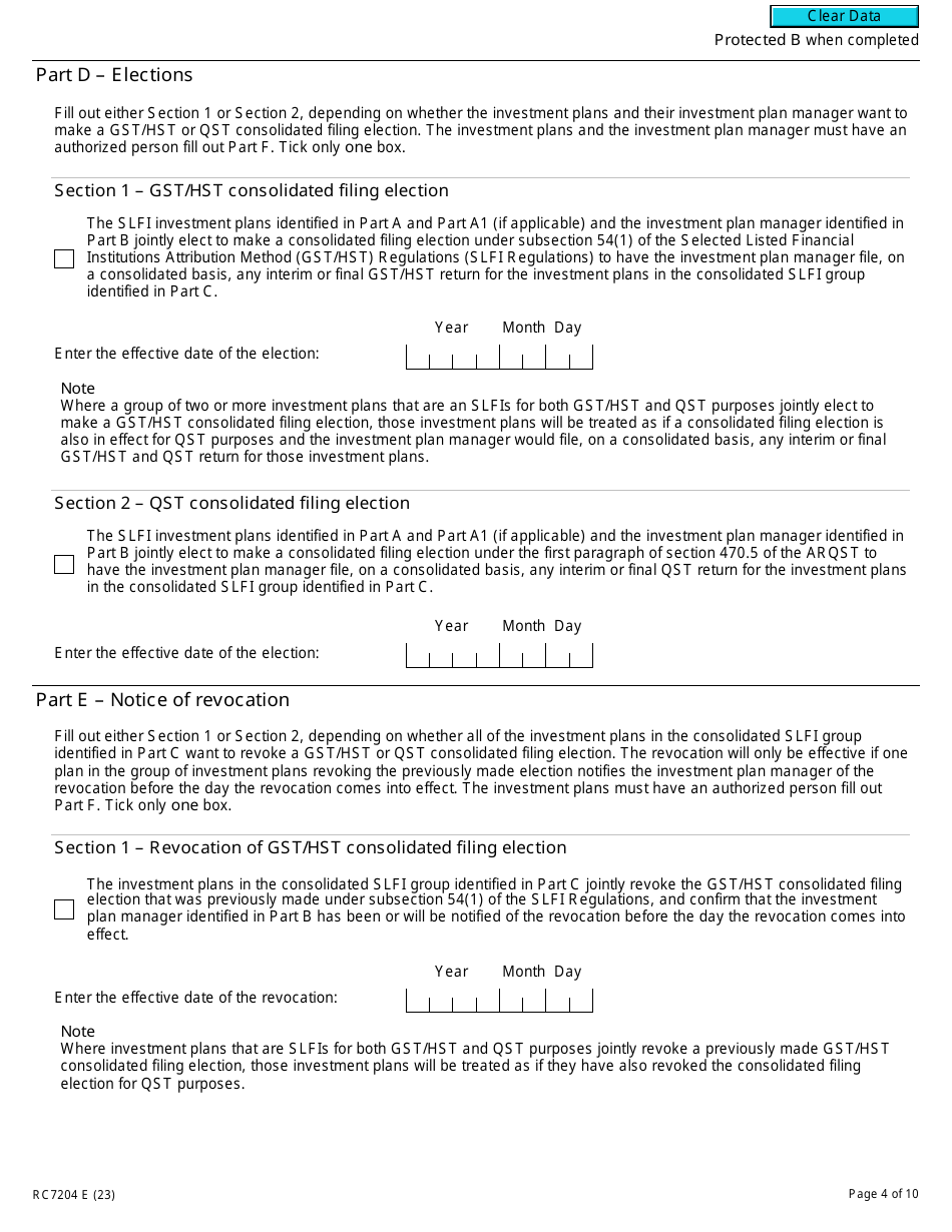 Form RC7204 Consolidated Filing Election or Notice of Revocation for a Selected Listed Financial Institution for Gst / Hst and Qst Purposes or Only for Qst Purposes - Canada, Page 4