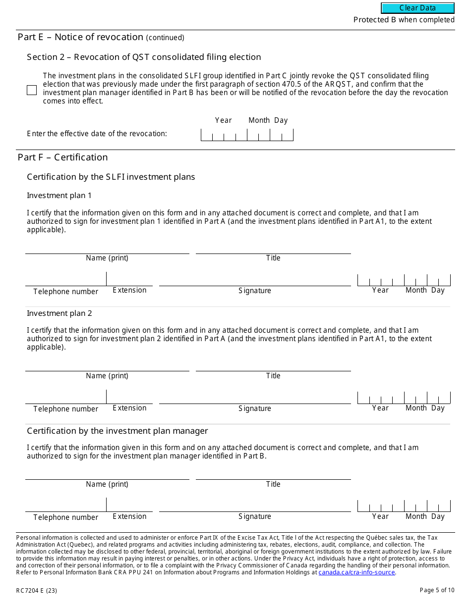 Form RC7204 Consolidated Filing Election or Notice of Revocation for a Selected Listed Financial Institution for Gst / Hst and Qst Purposes or Only for Qst Purposes - Canada, Page 5
