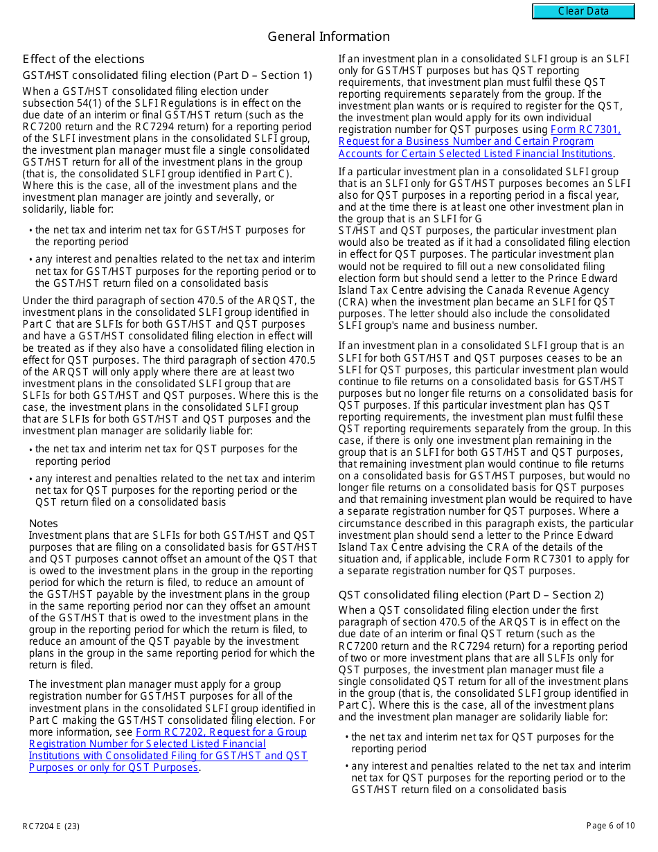 Form RC7204 Consolidated Filing Election or Notice of Revocation for a Selected Listed Financial Institution for Gst / Hst and Qst Purposes or Only for Qst Purposes - Canada, Page 6