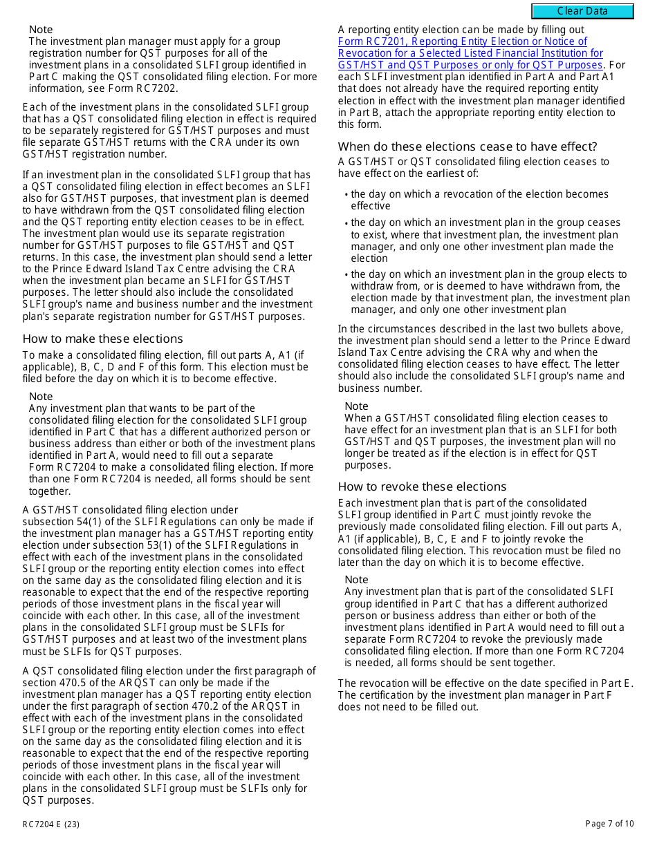 Form RC7204 Consolidated Filing Election or Notice of Revocation for a Selected Listed Financial Institution for Gst / Hst and Qst Purposes or Only for Qst Purposes - Canada, Page 7