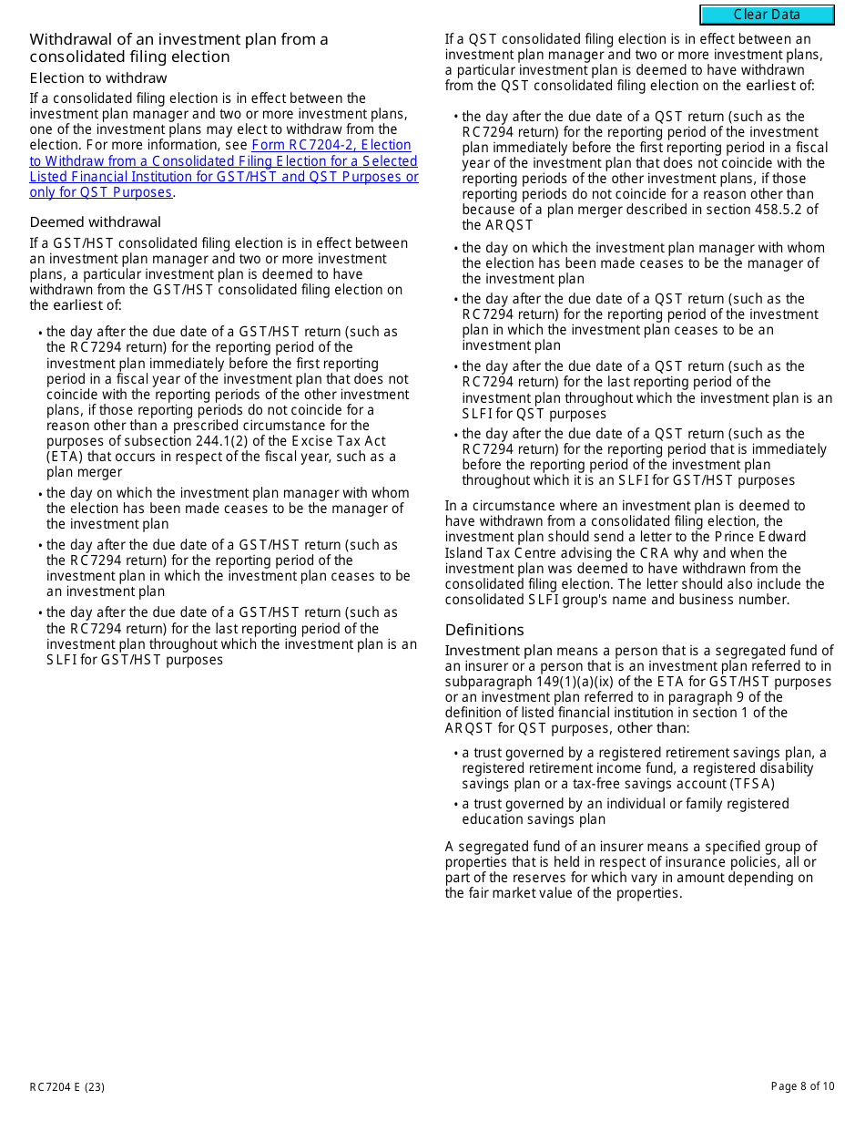 Form RC7204 Consolidated Filing Election or Notice of Revocation for a Selected Listed Financial Institution for Gst / Hst and Qst Purposes or Only for Qst Purposes - Canada, Page 8