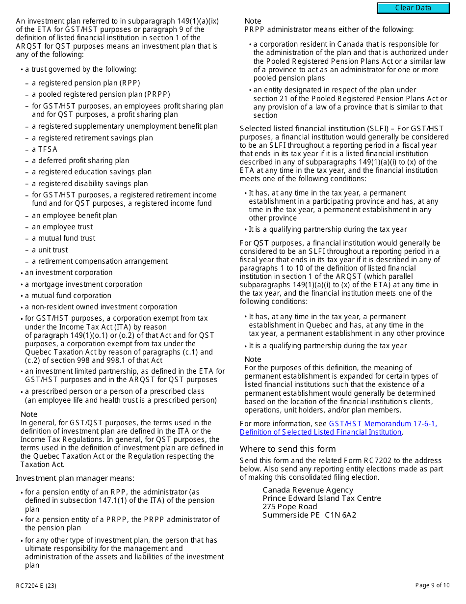 Form RC7204 Consolidated Filing Election or Notice of Revocation for a Selected Listed Financial Institution for Gst / Hst and Qst Purposes or Only for Qst Purposes - Canada, Page 9