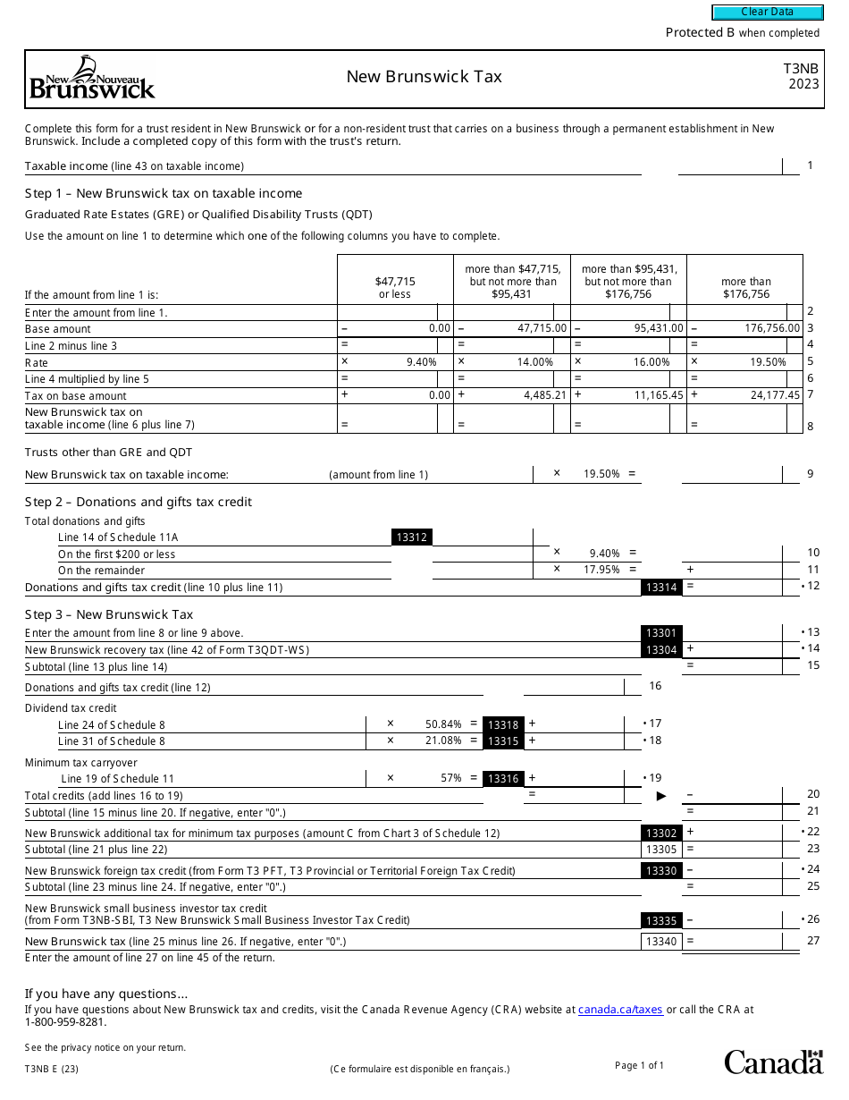 Form T3NB New Brunswick Tax - Canada, Page 1
