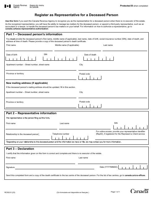 Form RC552 Register as Representative for a Deceased Person - Canada