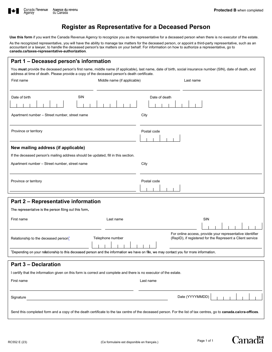 Form RC552 Register as Representative for a Deceased Person - Canada, Page 1