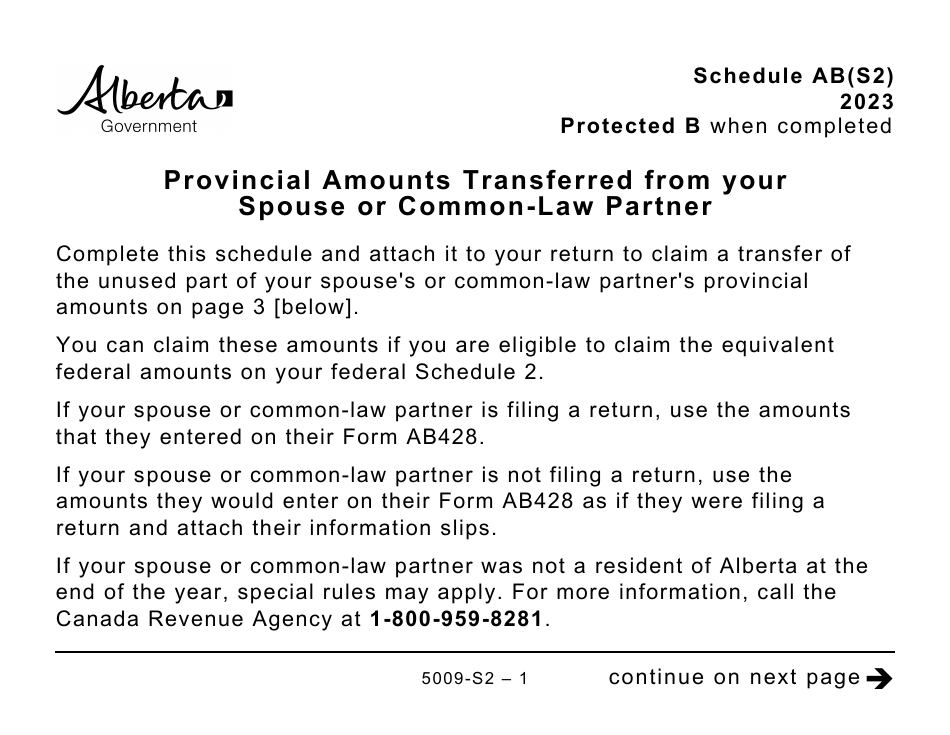 Form 5009-S2 Schedule AB(S2) Provincial Amounts Transferred From Your Spouse or Common-Law Partner - Large Print - Canada, Page 1