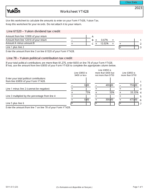 Form 5011-D Worksheet YT428 Yukon - Canada, 2023