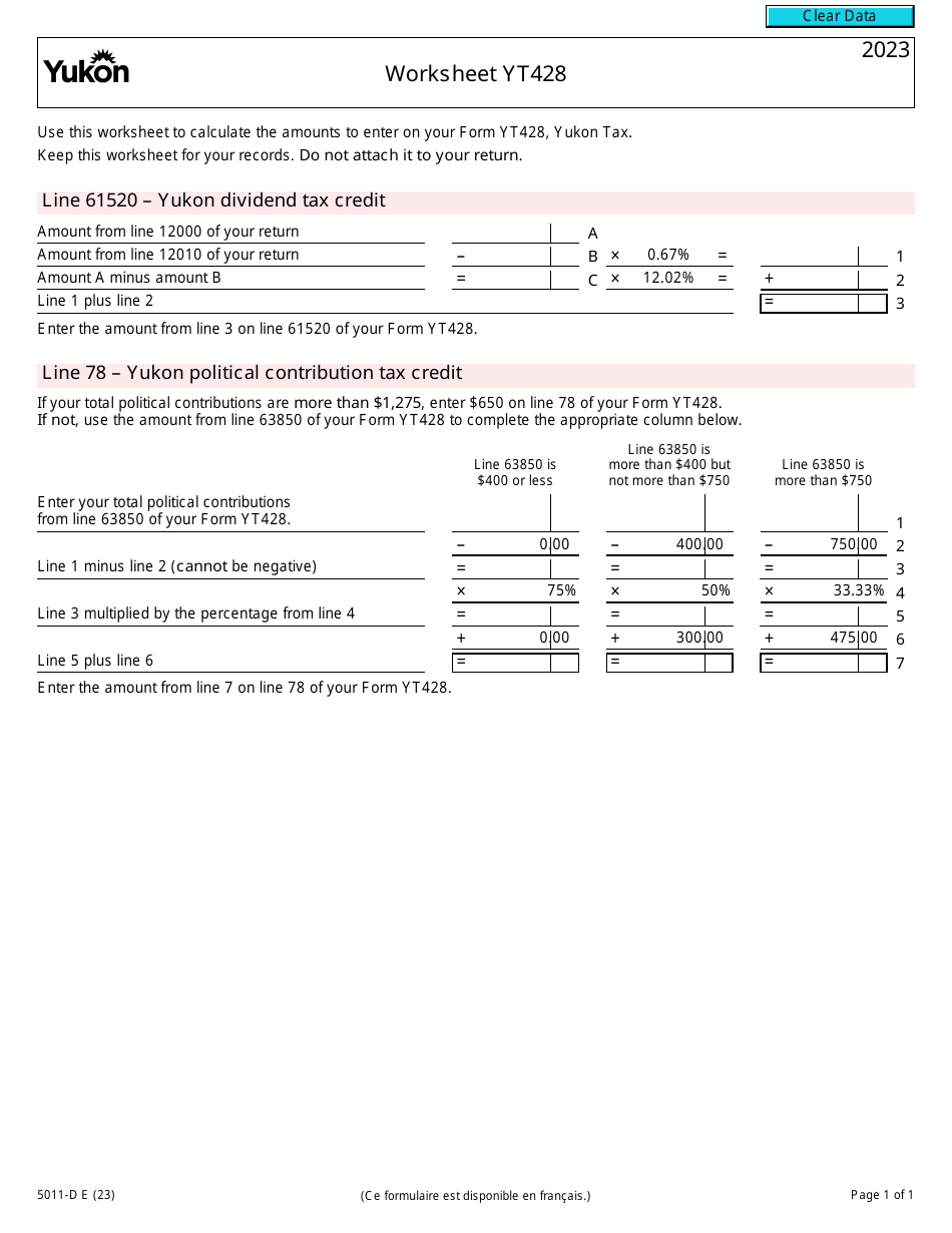 Form 5011-D Worksheet YT428 Yukon - Canada, Page 1