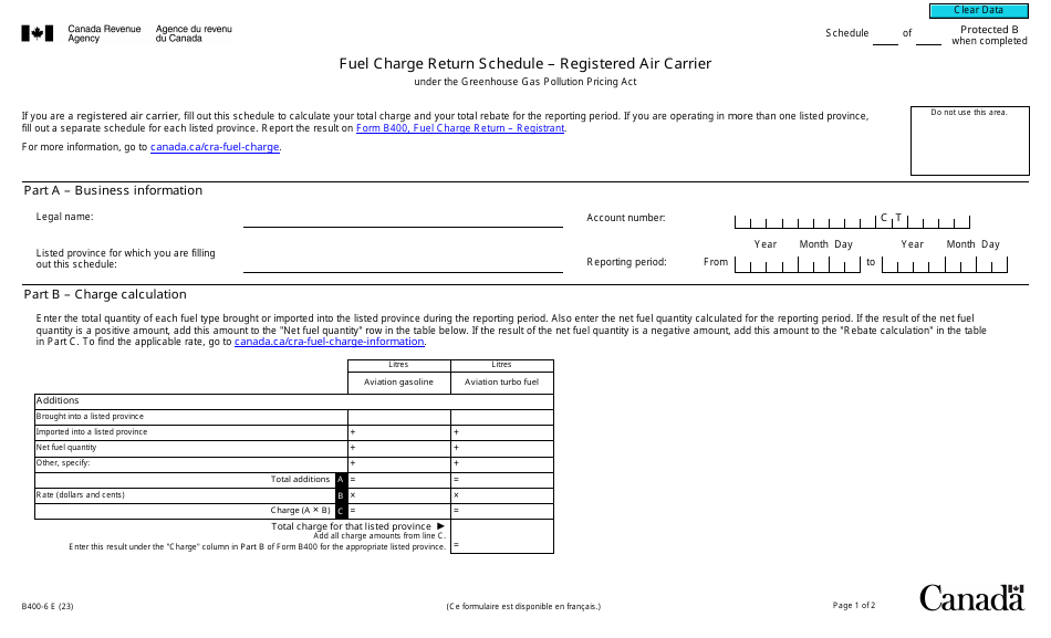 Form B400-6 Fuel Charge Return Schedule - Registered Air Carrier - Canada, Page 1