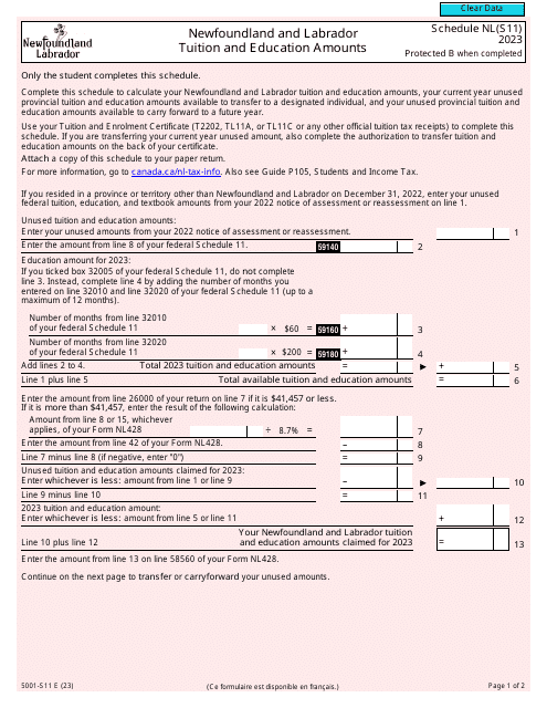 Form 5001-S11 Schedule NL(S11) 2023 Printable Pdf