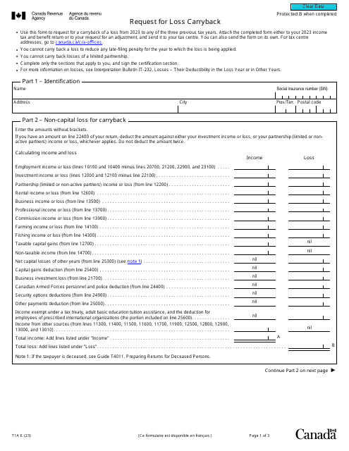 Form T1A Request for Loss Carryback - Canada