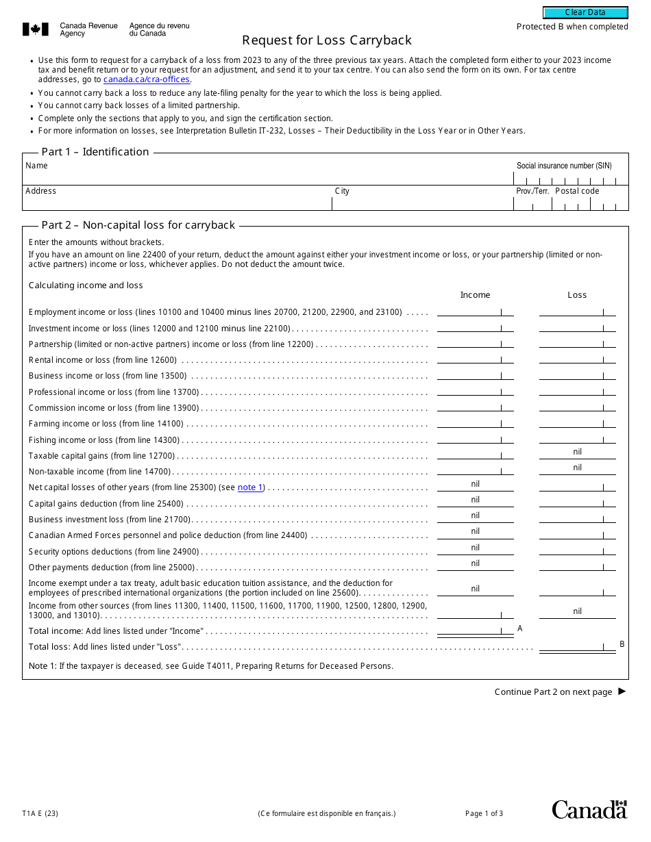 Form T1A Request for Loss Carryback - Canada, Page 1