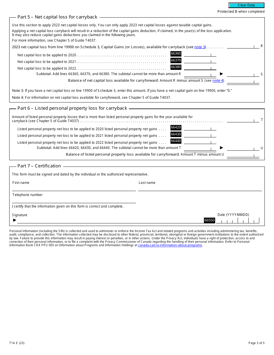 Form T1A Request for Loss Carryback - Canada, Page 3