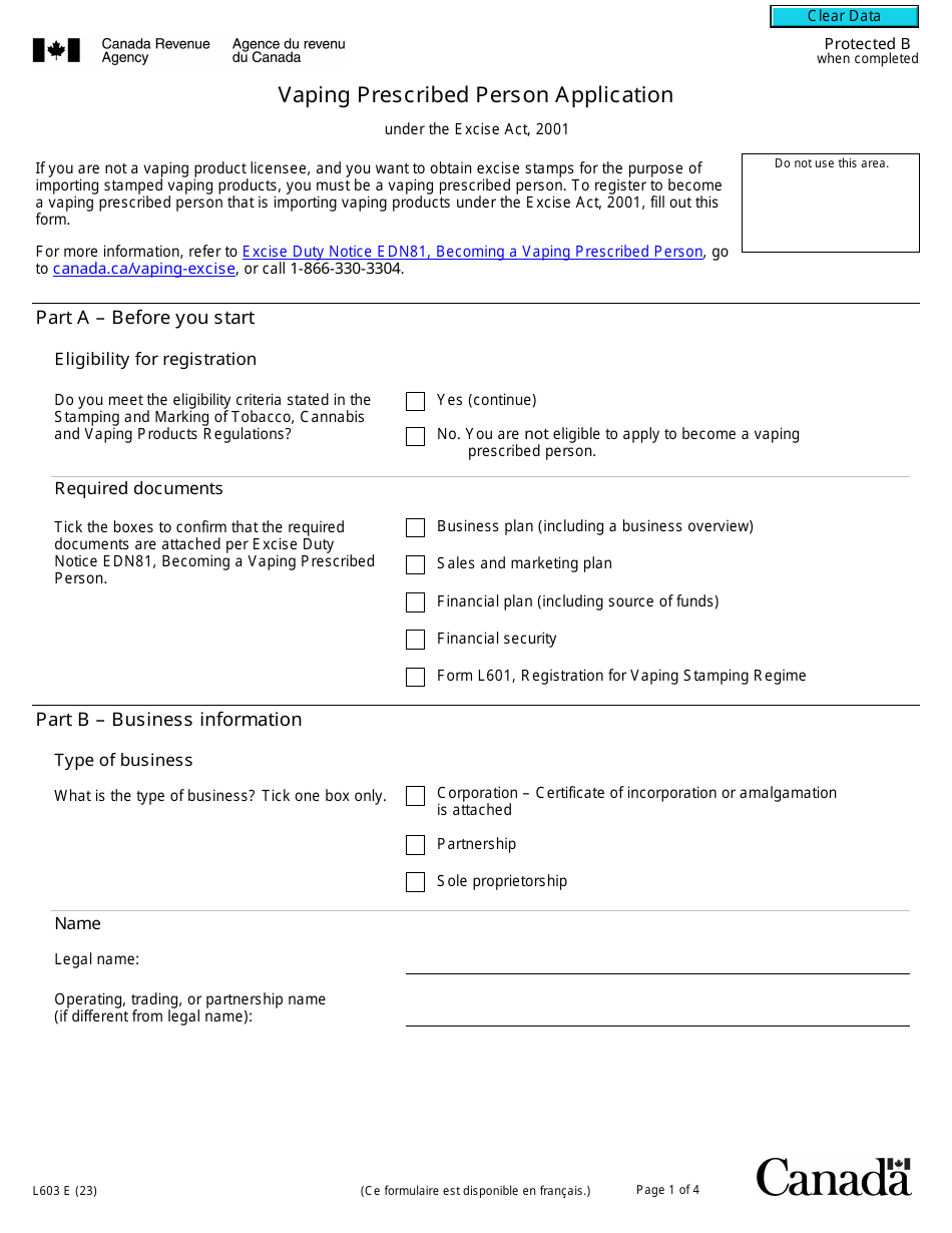 Form L603 Vaping Prescribed Person Application - Canada, Page 1