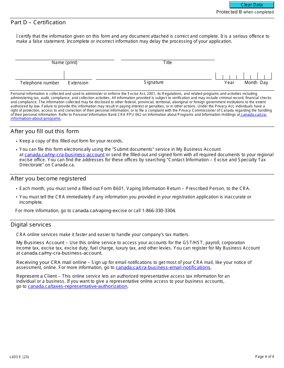Form L603 Vaping Prescribed Person Application - Canada, Page 4